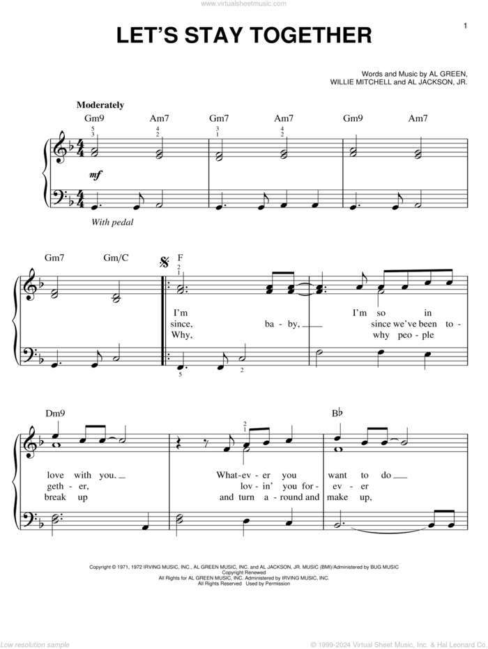 Let's Stay Together sheet music for piano solo by Al Green, Al Jackson, Jr. and Willie Mitchell, wedding score, easy skill level