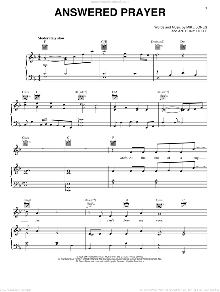 Answered Prayer sheet music for voice, piano or guitar by Anthony Little and Mike Jones, wedding score, intermediate skill level