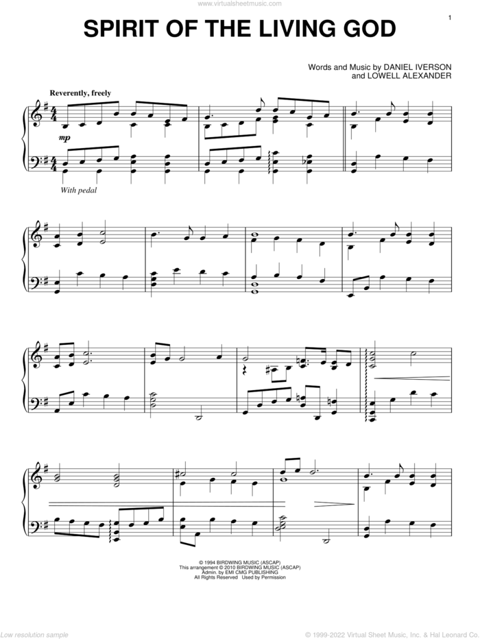 Spirit Of The Living God sheet music for piano solo by Daniel Iverson and Lowell Alexander, intermediate skill level