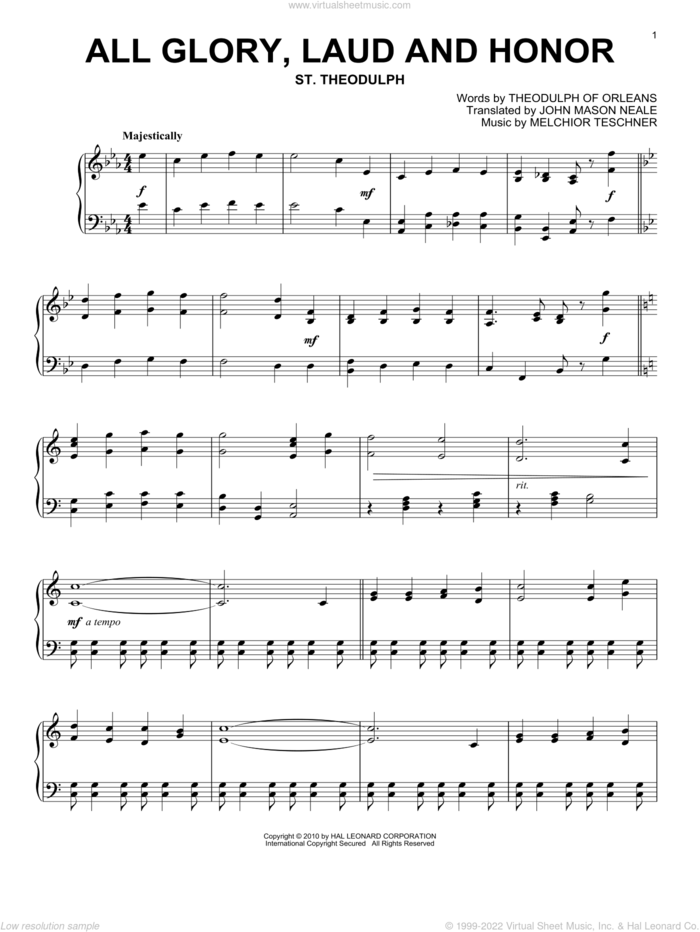 All Glory, Laud And Honor (arr. David Lantz III) sheet music for piano solo by John Mason Neale, Melchior Teschner, Theodulph of Orleans and William Henry Monk, intermediate skill level