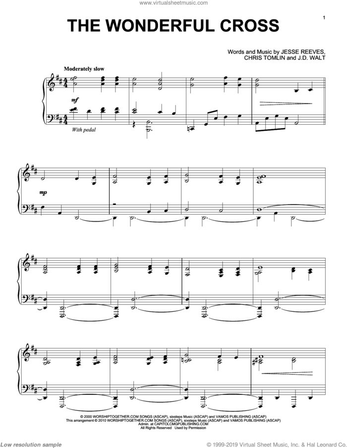 The Wonderful Cross, (intermediate) sheet music for piano solo by Chris Tomlin, Phillips, Craig & Dean, J.D. Walt and Jesse Reeves, intermediate skill level