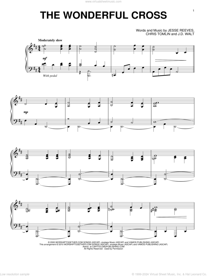 The Wonderful Cross, (intermediate) sheet music for piano solo by Chris Tomlin, Phillips, Craig & Dean, J.D. Walt and Jesse Reeves, intermediate skill level