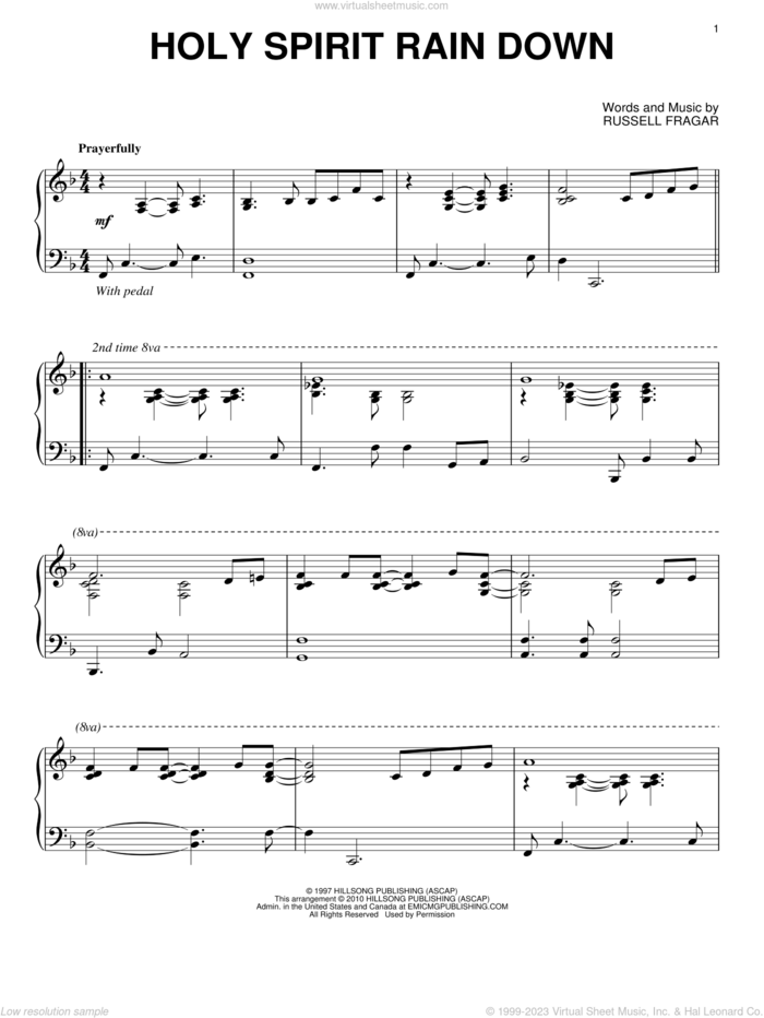 Holy Spirit Rain Down, (intermediate) sheet music for piano solo by Russell Fragar and Hillsong, intermediate skill level