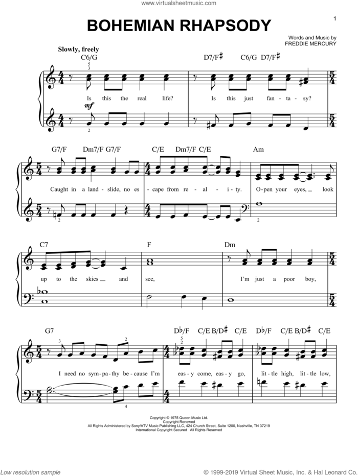 Bohemian Rhapsody, (easy) sheet music for piano solo by Queen, Miscellaneous and Freddie Mercury, easy skill level