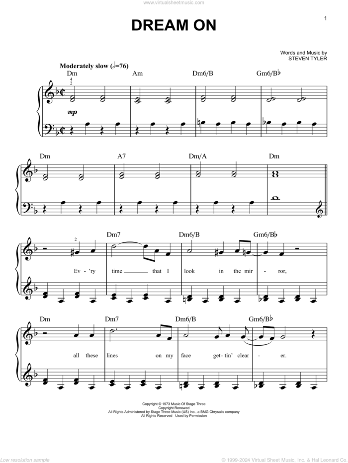 Dream On, (beginner) sheet music for piano solo by Aerosmith, Miscellaneous and Steven Tyler, beginner skill level