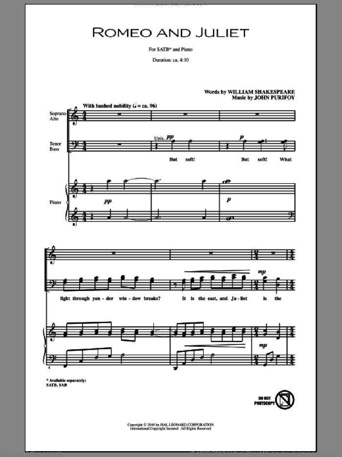 Romeo And Juliet sheet music for choir (SATB: soprano, alto, tenor, bass) by John Purifoy and William Shakespeare, intermediate skill level