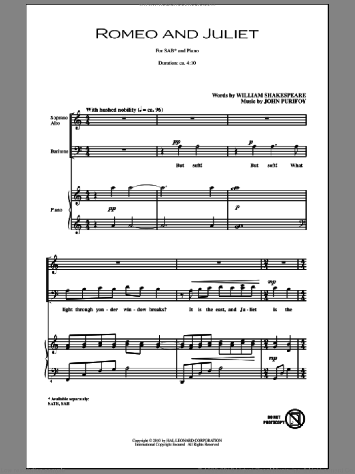 Romeo And Juliet sheet music for choir (SAB: soprano, alto, bass) by John Purifoy and William Shakespeare, intermediate skill level