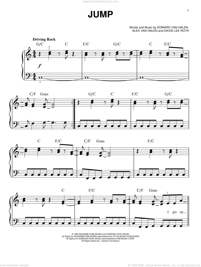 Jump sheet music for piano solo by Edward Van Halen, Miscellaneous, Alex Van Halen, David Lee Roth and Michael Anthony, beginner skill level