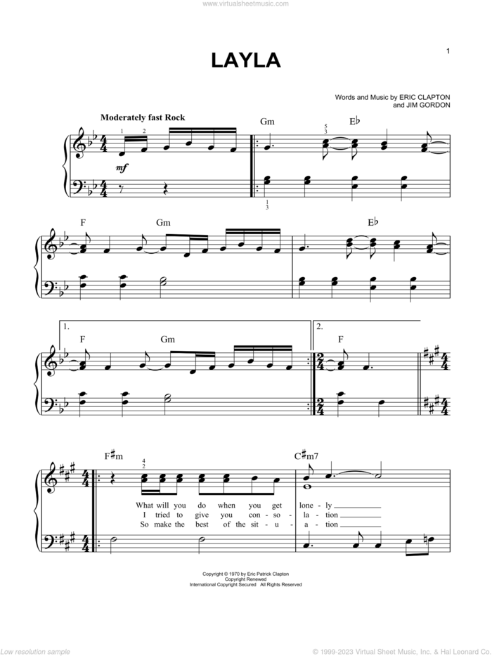 Layla, (easy) sheet music for piano solo by Derek And The Dominos, Eric Clapton and Jim Gordon, easy skill level