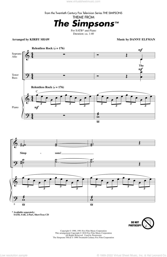 Theme From The Simpsons sheet music for choir (SATB: soprano, alto, tenor, bass) by Danny Elfman and Kirby Shaw, intermediate skill level
