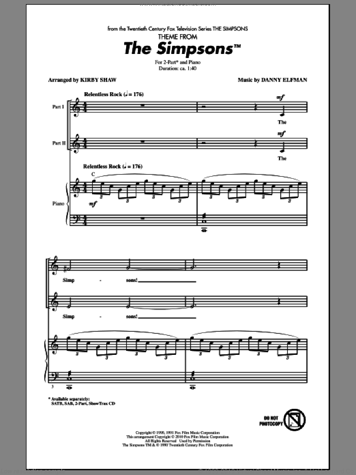 Theme From The Simpsons sheet music for choir (2-Part) by Danny Elfman and Kirby Shaw, intermediate duet