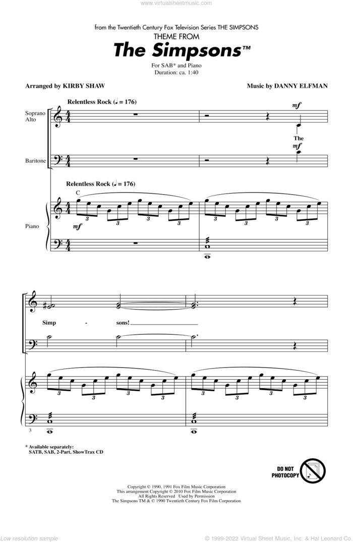 Theme From The Simpsons sheet music for choir (SAB: soprano, alto, bass) by Danny Elfman and Kirby Shaw, intermediate skill level