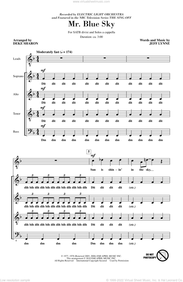 Mr. Blue Sky (from NBC's The Sing-Off) sheet music for choir (SATB: soprano, alto, tenor, bass) by Jeff Lynne, Deke Sharon and Electric Light Orchestra, intermediate skill level