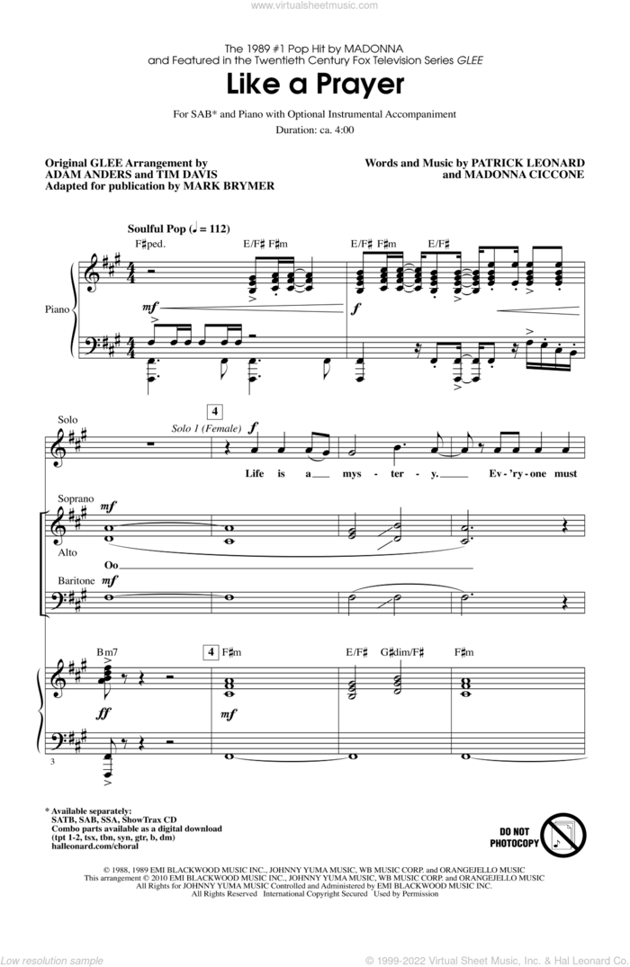 Like A Prayer sheet music for choir (SAB: soprano, alto, bass) by Madonna, Patrick Leonard, Adam Anders, Glee Cast, Mark Brymer, Miscellaneous and Tim Davis, intermediate skill level