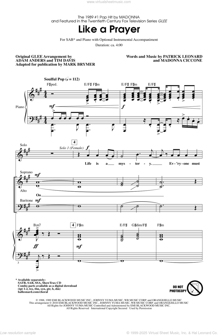 Like A Prayer sheet music for choir (SAB: soprano, alto, bass) by Madonna, Patrick Leonard, Adam Anders, Glee Cast, Mark Brymer, Miscellaneous and Tim Davis, intermediate skill level