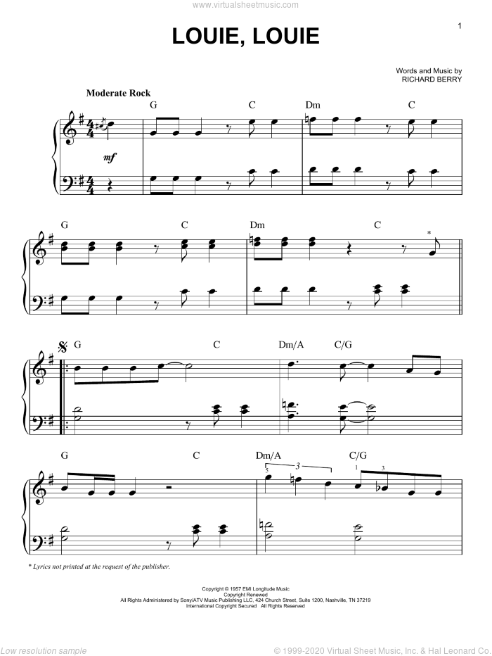 Louie, Louie, (easy) sheet music for piano solo by The Kingsmen and Richard Berry, easy skill level