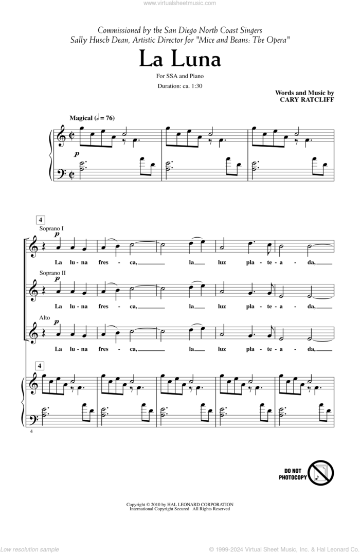 La Luna sheet music for choir (SSA: soprano, alto) by Cary Ratcliff, intermediate skill level