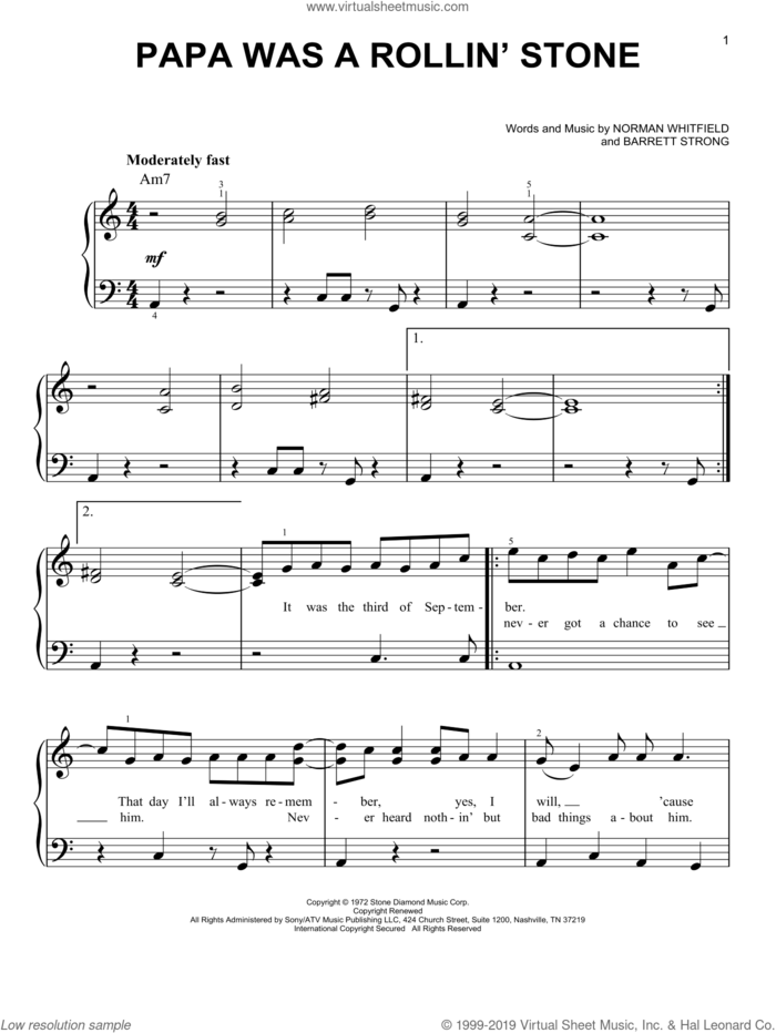 Papa Was A Rollin' Stone sheet music for piano solo by The Temptations, George Michael, Barrett Strong and Norman Whitfield, easy skill level