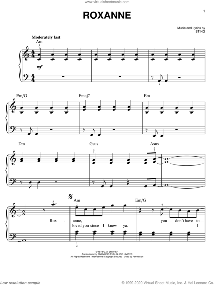 Roxanne, (easy) sheet music for piano solo by The Police and Sting, easy skill level