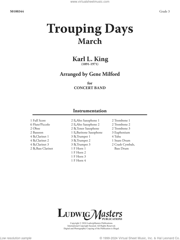 Trouping Days (arr. Gene Milford) (COMPLETE) sheet music for concert band by Karl King and Gene Milford, intermediate skill level