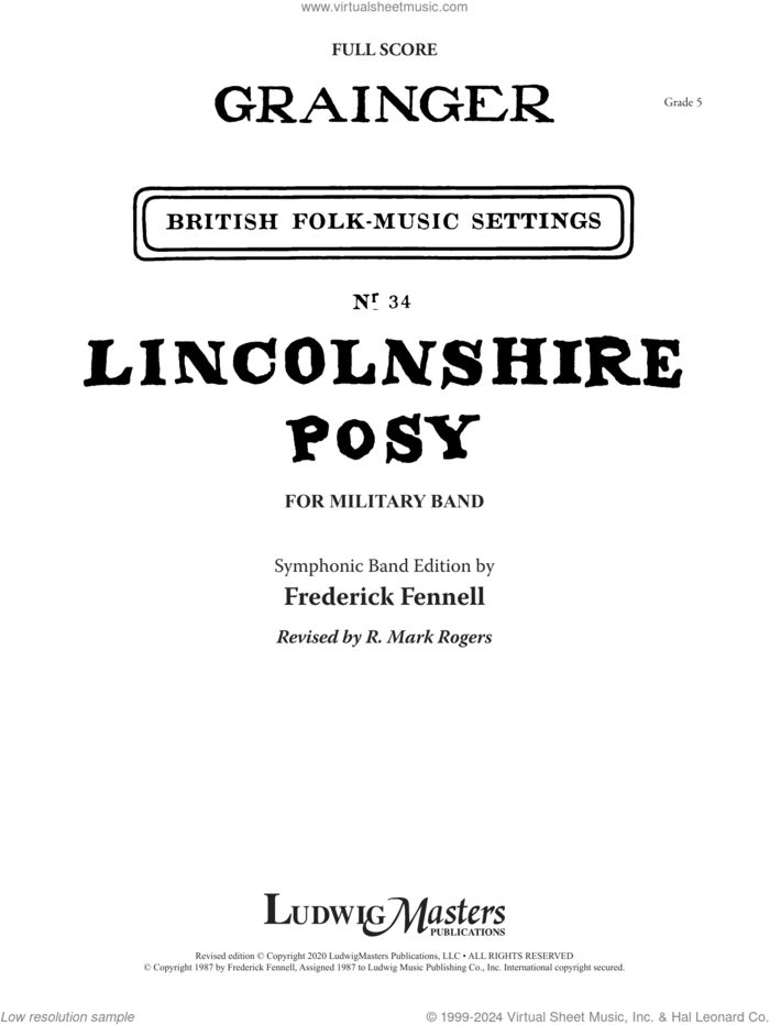 Lincolnshire Posy, 2020 edition sheet music for concert band (full score) by Percy Aldridge Grainger, Frederick Fennell and R. Mark Rogers, intermediate skill level