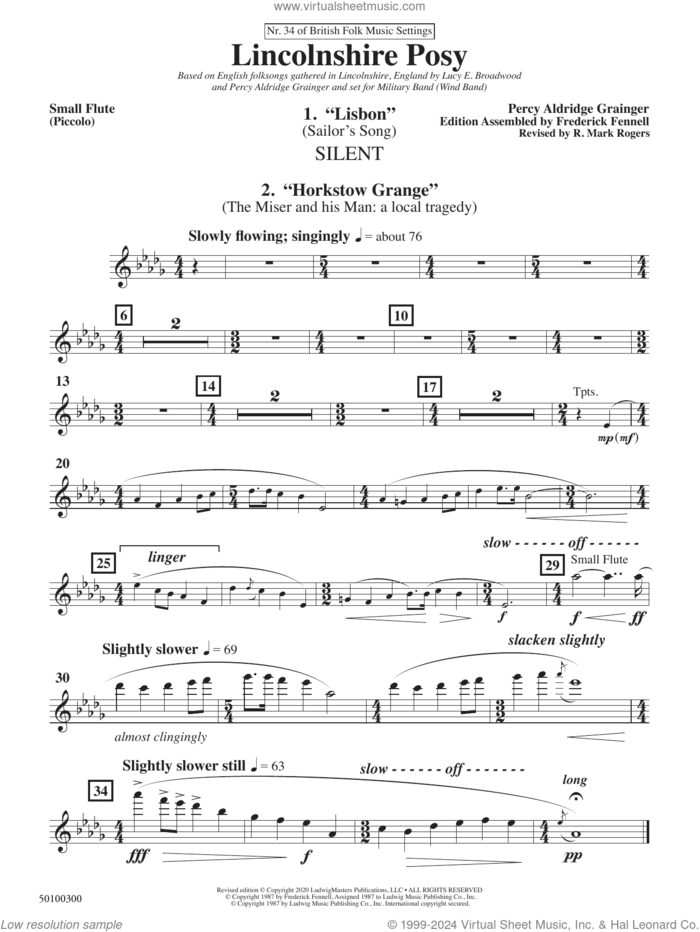 Lincolnshire Posy, 2020 edition sheet music for concert band (piccolo) by Percy Aldridge Grainger, Frederick Fennell and R. Mark Rogers, intermediate skill level