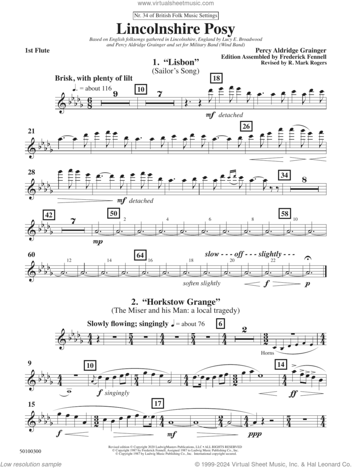 Lincolnshire Posy, 2020 edition sheet music for concert band (flute 1) by Percy Aldridge Grainger, Frederick Fennell and R. Mark Rogers, intermediate skill level