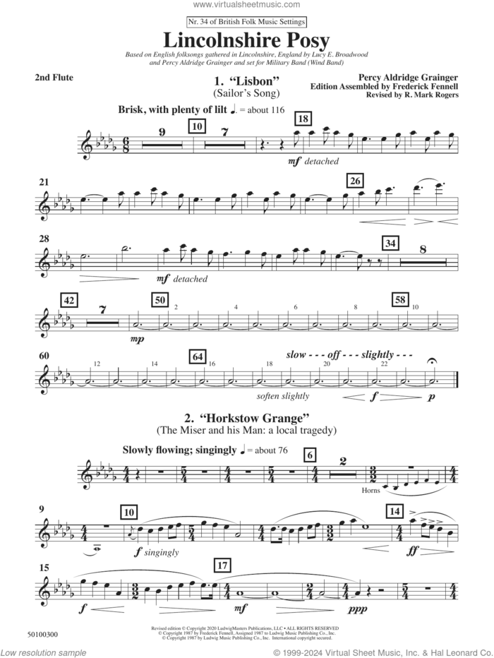 Lincolnshire Posy, 2020 edition sheet music for concert band (flute 2) by Percy Aldridge Grainger, Frederick Fennell and R. Mark Rogers, intermediate skill level