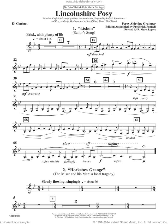 Lincolnshire Posy, 2020 edition sheet music for concert band (Eb clarinet) by Percy Aldridge Grainger, Frederick Fennell and R. Mark Rogers, intermediate skill level