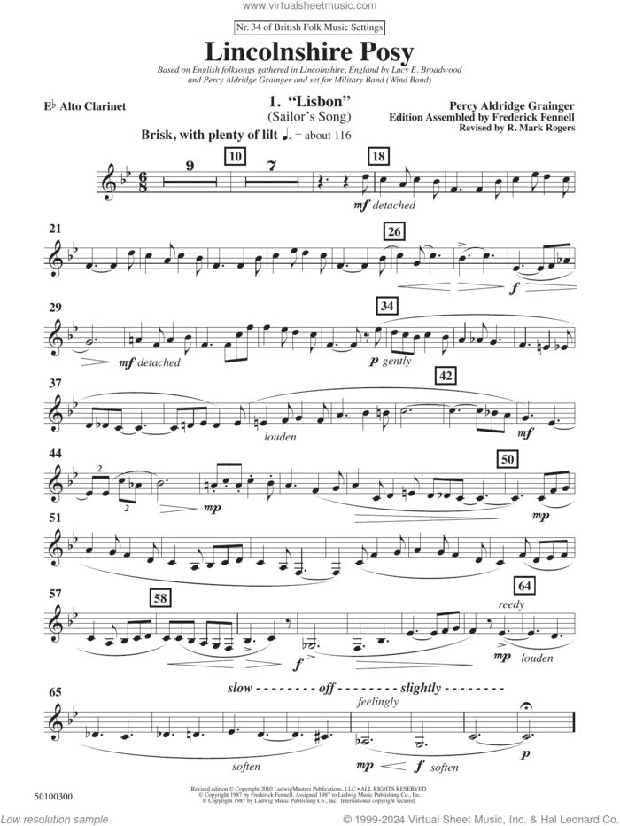 Lincolnshire Posy, 2020 edition sheet music for concert band (alto clarinet) by Percy Aldridge Grainger, Frederick Fennell and R. Mark Rogers, intermediate skill level