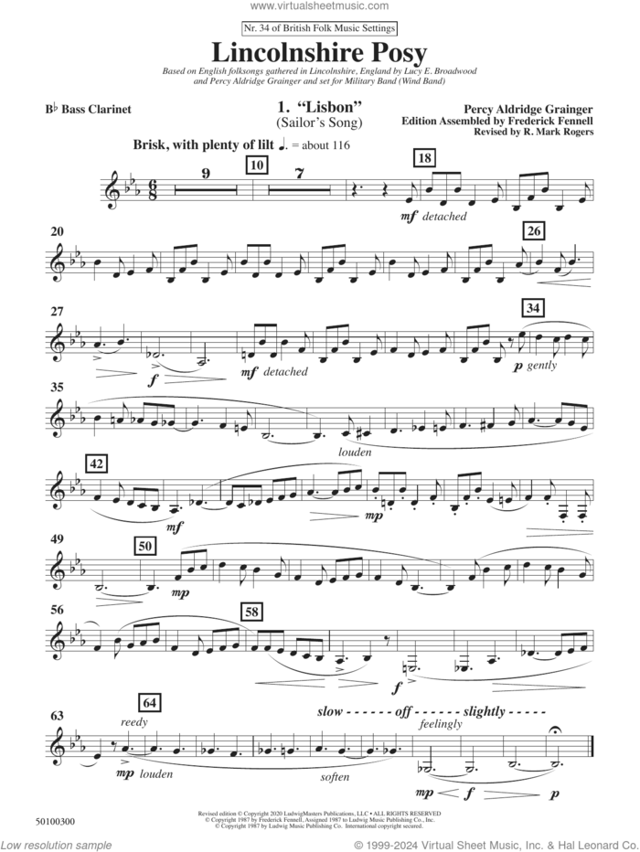 Lincolnshire Posy, 2020 edition sheet music for concert band (bass clarinet) by Percy Aldridge Grainger, Frederick Fennell and R. Mark Rogers, intermediate skill level