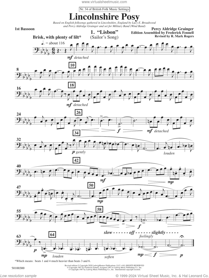 Lincolnshire Posy, 2020 edition sheet music for concert band (bassoon 1) by Percy Aldridge Grainger, Frederick Fennell and R. Mark Rogers, intermediate skill level