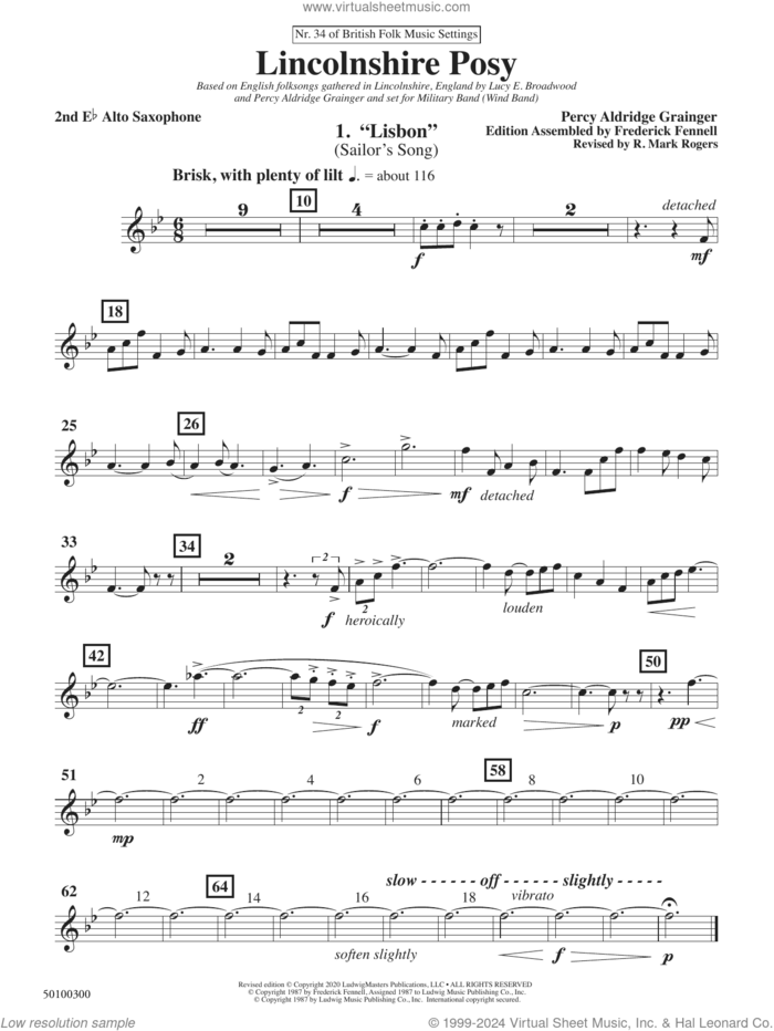 Lincolnshire Posy, 2020 edition sheet music for concert band (alto sax 2) by Percy Aldridge Grainger, Frederick Fennell and R. Mark Rogers, intermediate skill level