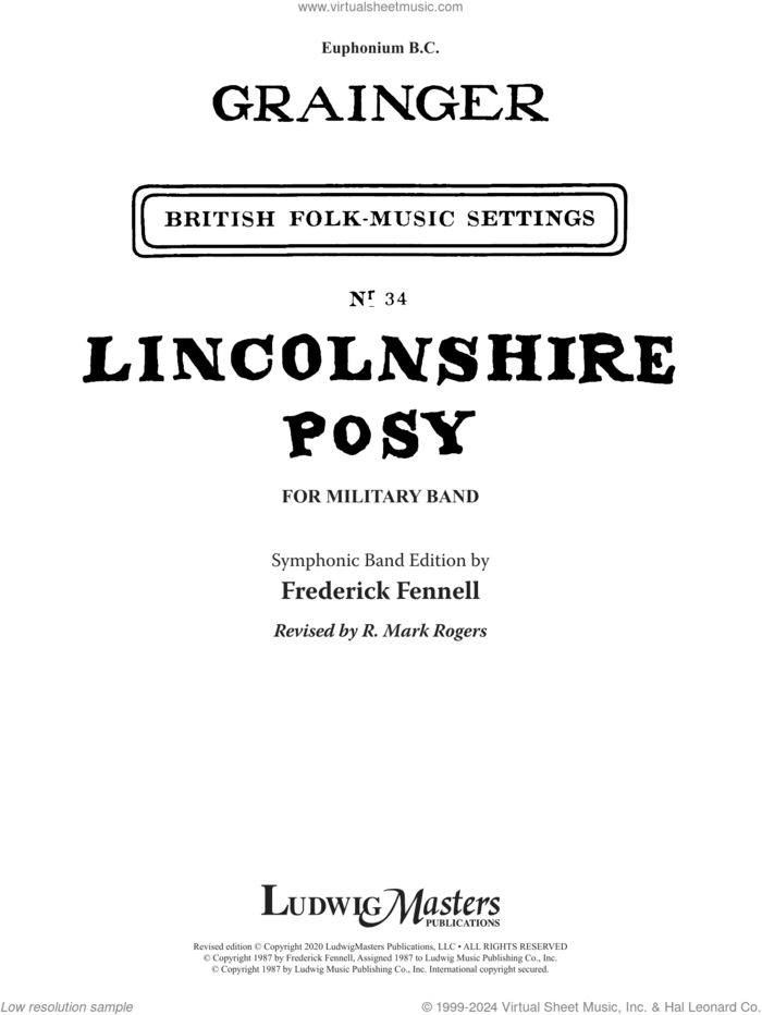 Lincolnshire Posy, 2020 edition sheet music for concert band (euphonium bc) by Percy Aldridge Grainger, Frederick Fennell and R. Mark Rogers, intermediate skill level