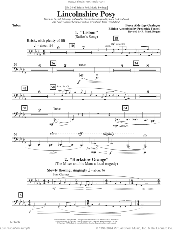 Lincolnshire Posy, 2020 edition sheet music for concert band (tuba) by Percy Aldridge Grainger, Frederick Fennell and R. Mark Rogers, intermediate skill level