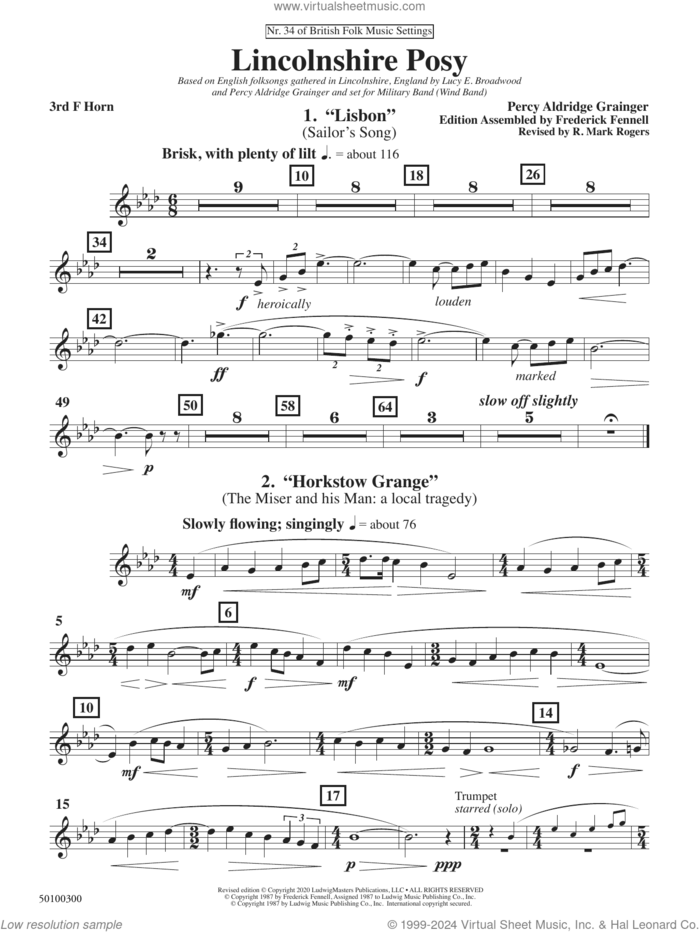 Lincolnshire Posy, 2020 edition sheet music for concert band (horn 3) by Percy Aldridge Grainger, Frederick Fennell and R. Mark Rogers, intermediate skill level