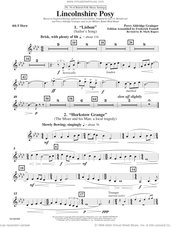 Lincolnshire Posy, 2020 edition sheet music for concert band (horn 4) by Percy Aldridge Grainger, Frederick Fennell and R. Mark Rogers, intermediate skill level