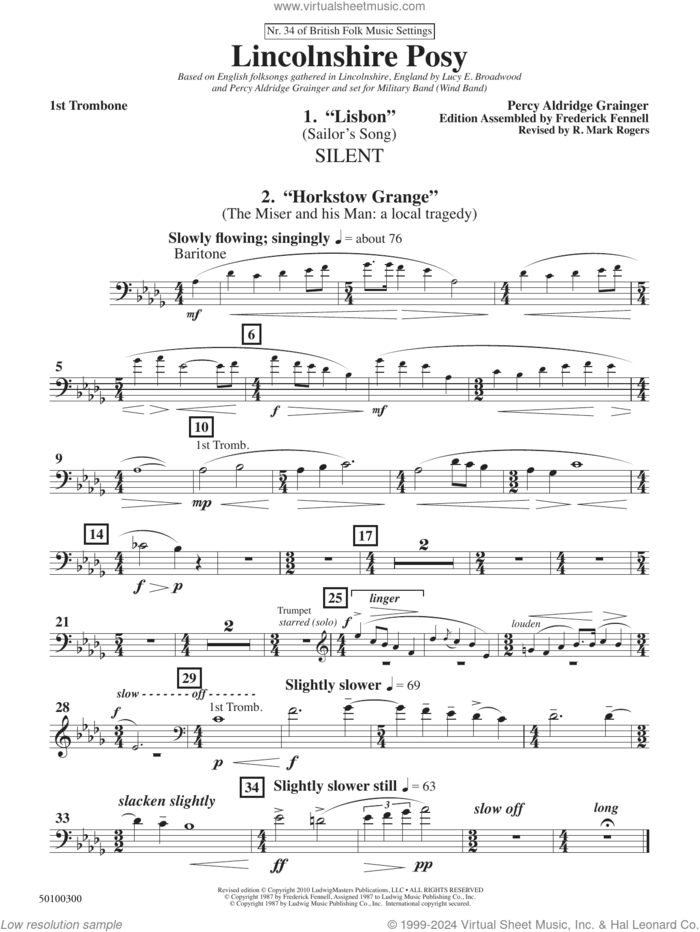 Lincolnshire Posy, 2020 edition sheet music for concert band (trombone 1) by Percy Aldridge Grainger, Frederick Fennell and R. Mark Rogers, intermediate skill level