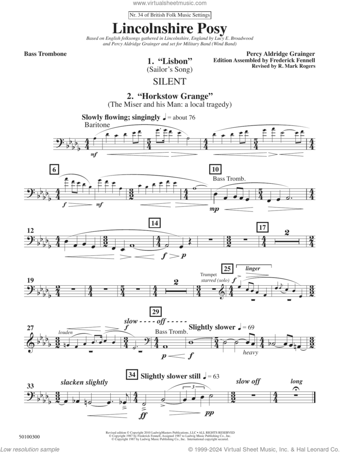 Lincolnshire Posy, 2020 edition sheet music for concert band (bass trombone) by Percy Aldridge Grainger, Frederick Fennell and R. Mark Rogers, intermediate skill level