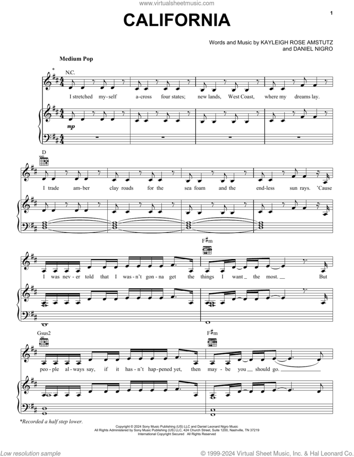 California sheet music for voice, piano or guitar by Chappell Roan, Daniel Nigro and Kayleigh Rose Amstutz, intermediate skill level