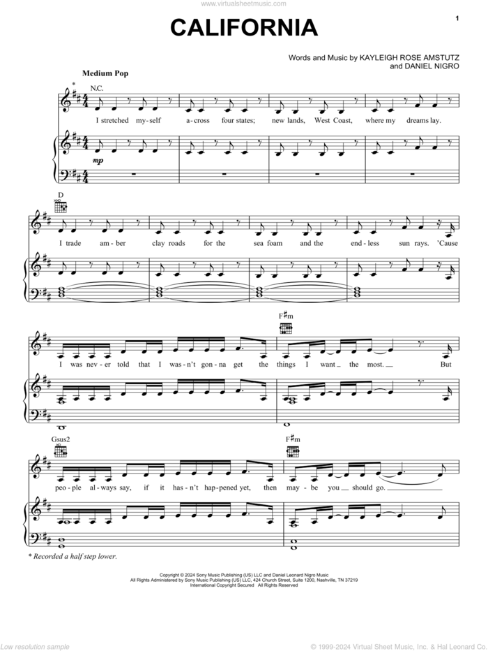 California sheet music for voice, piano or guitar by Chappell Roan, Daniel Nigro and Kayleigh Rose Amstutz, intermediate skill level