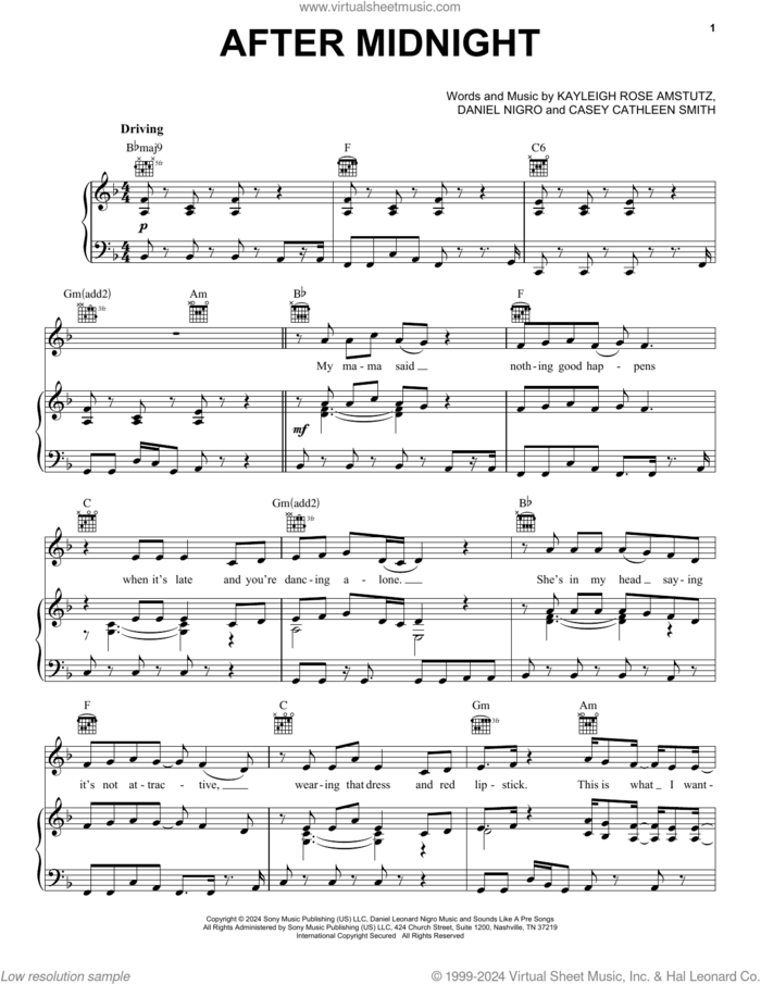 After Midnight sheet music for voice, piano or guitar by Chappell Roan, Casey Cathleen Smith, Daniel Nigro and Kayleigh Rose Amstutz, intermediate skill level