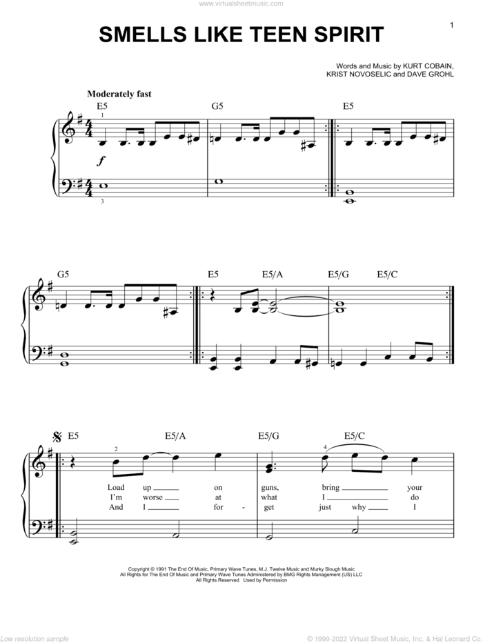 Smells Like Teen Spirit, (easy) sheet music for piano solo by Nirvana, Dave Grohl, Krist Novoselic and Kurt Cobain, easy skill level