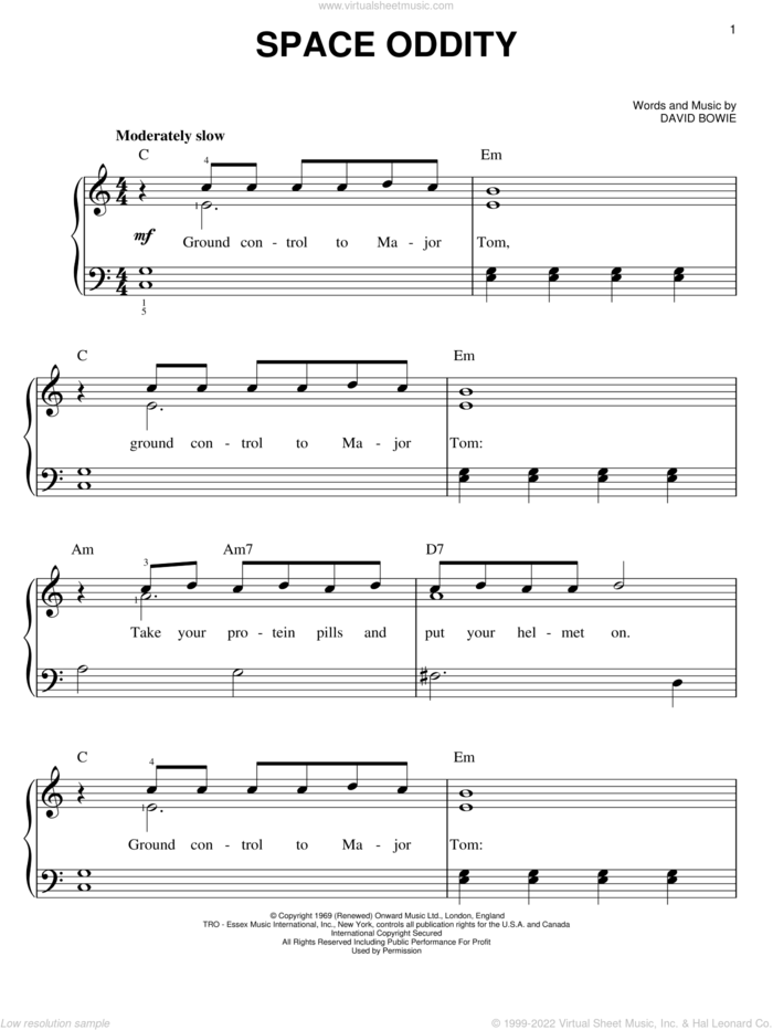 Space Oddity sheet music for piano solo by David Bowie, easy skill level