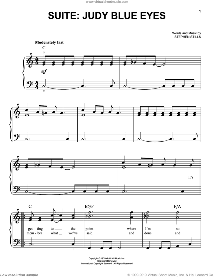 Suite: Judy Blue Eyes sheet music for piano solo by Crosby, Stills & Nash and Stephen Stills, easy skill level