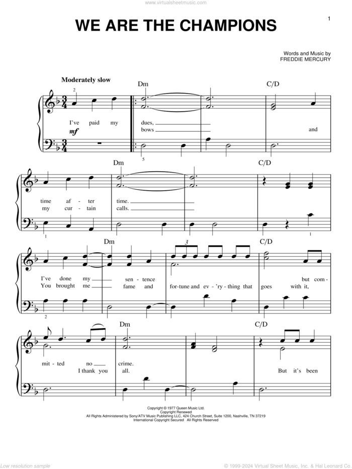 We Are The Champions, (beginner) sheet music for piano solo by Queen and Freddie Mercury, beginner skill level