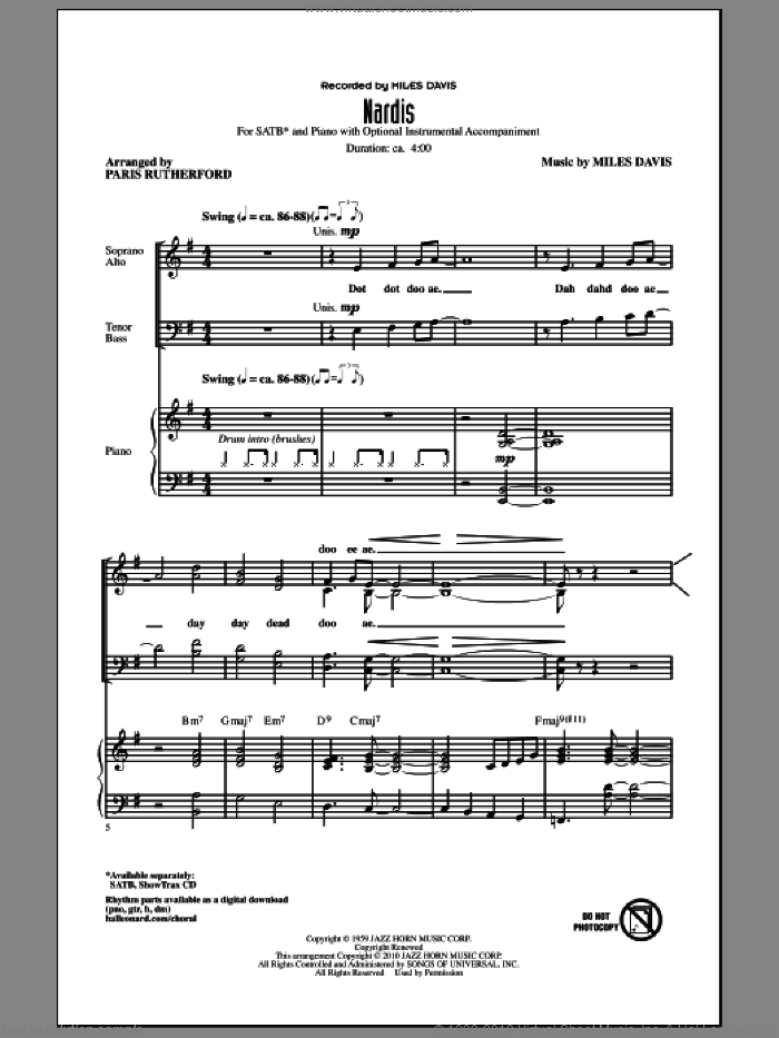 Nardis sheet music for choir (SATB: soprano, alto, tenor, bass) by Miles Davis and Paris Rutherford, intermediate skill level