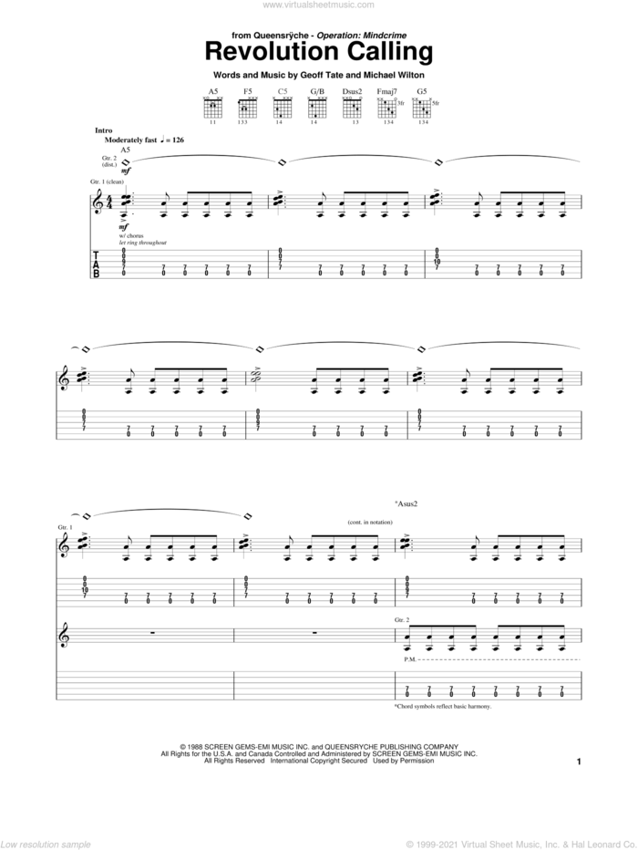 Revolution Calling sheet music for guitar (tablature) by Queensryche, Geoff Tate and Michael Wilton, intermediate skill level