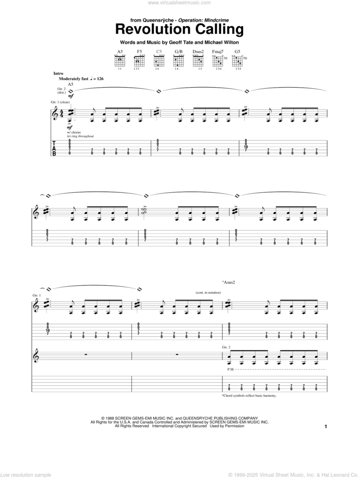 Revolution Calling sheet music for guitar (tablature) by Queensryche, Geoff Tate and Michael Wilton, intermediate skill level