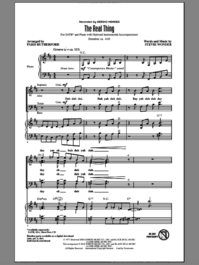 The Real Thing sheet music for choir (SATB: soprano, alto, tenor, bass) by Stevie Wonder, Paris Rutherford and Sergio Mendes, intermediate skill level